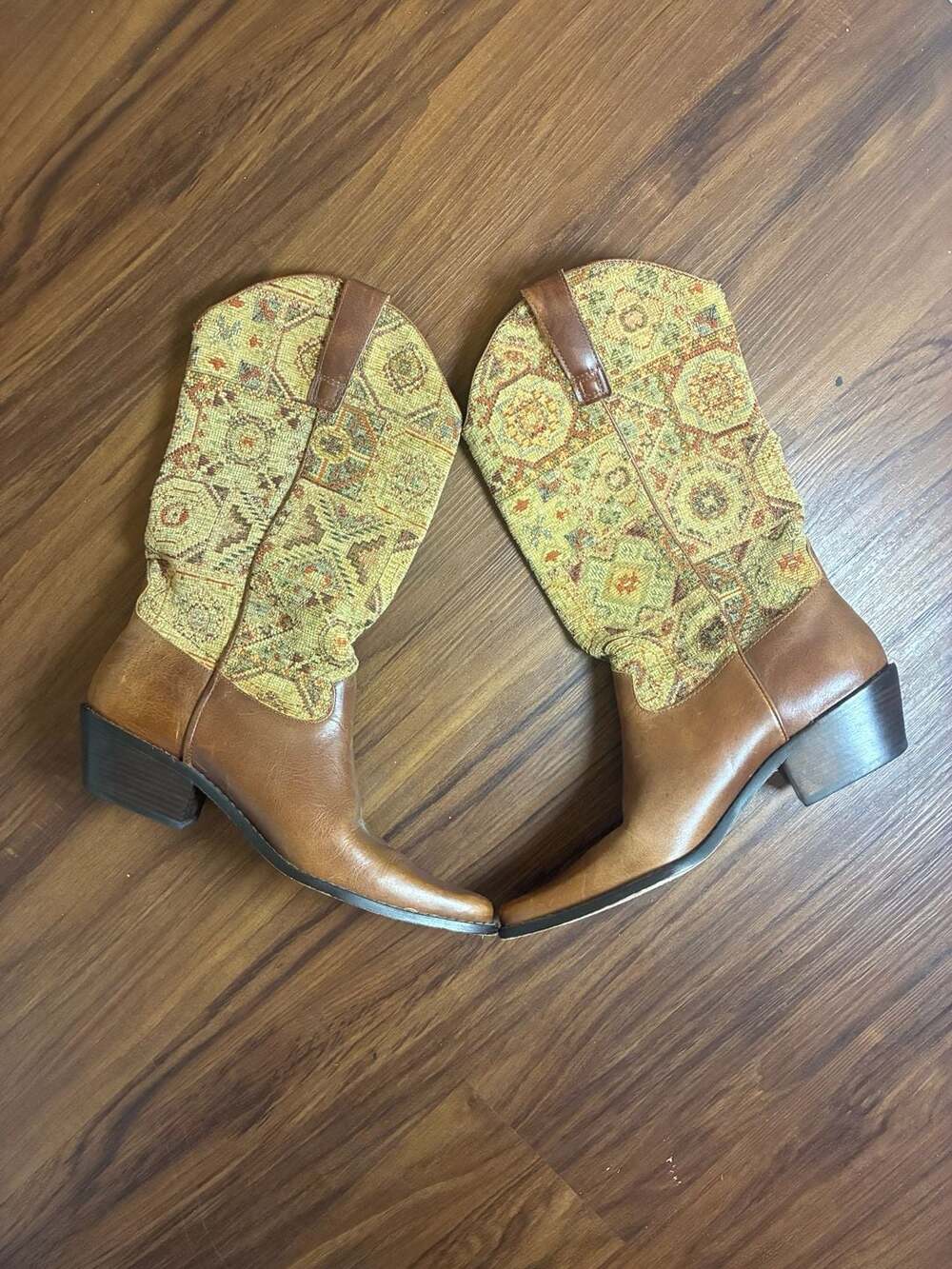 J. Jill Tapestry Western Boots Size 7M 7W Brown Leather Boho Cowgirl